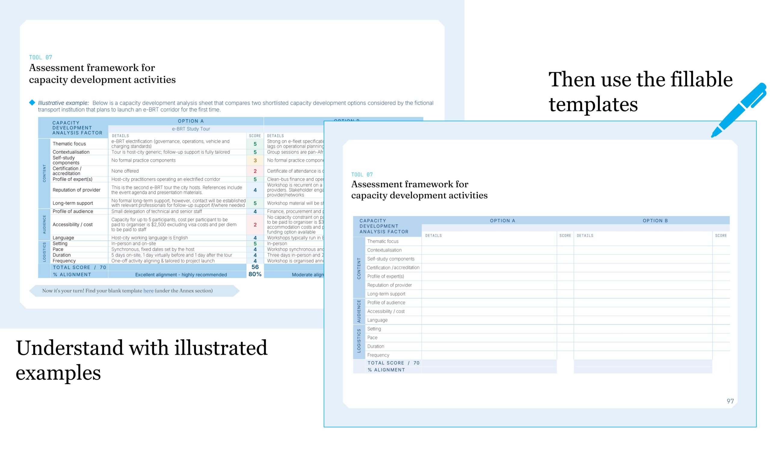 The tools are available in blank formats and with a filled in information using an illustrative example
